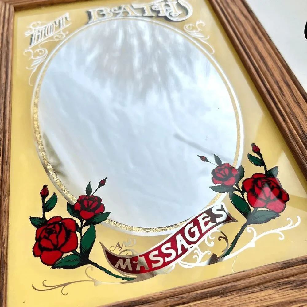 VTG Hot Bath & Massages Mirror Hook Rack Oak Frame Roses Bathroom Decor